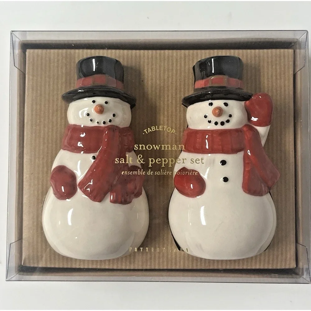 Pottery Barn Nostalgic Snowman Ceramic Salt & Pepper Shakers Christmas NIB!